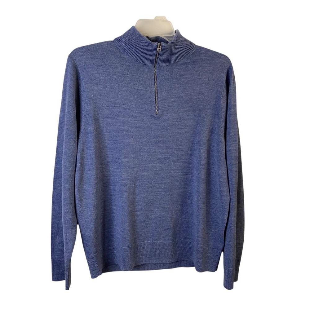 J. Crew Mens Quarter Zip Sweater Blue Merino Wool Blend Pullover Size Large